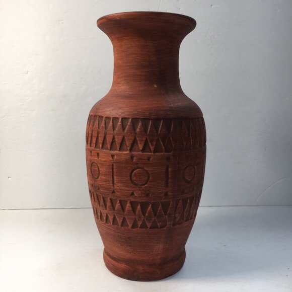 Terracotta Clay Vase Tribal Pattern Intricate Etched Designs - Picture 1 of 7